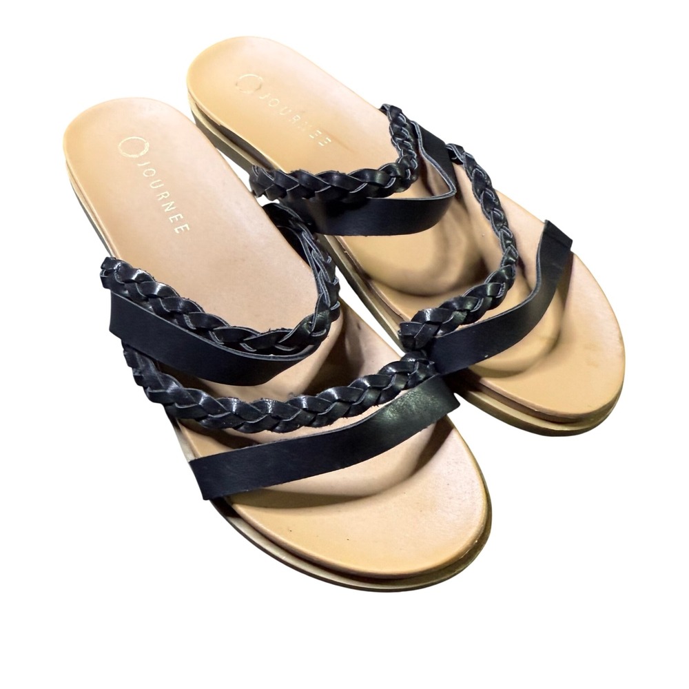 Journee Collection Colette Women's Black Braided Strap Flat Sandals Size 10